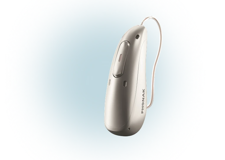 Sleek modern hearing aid with discreet design on a light blue background. Ideal for enhanced auditory experience.