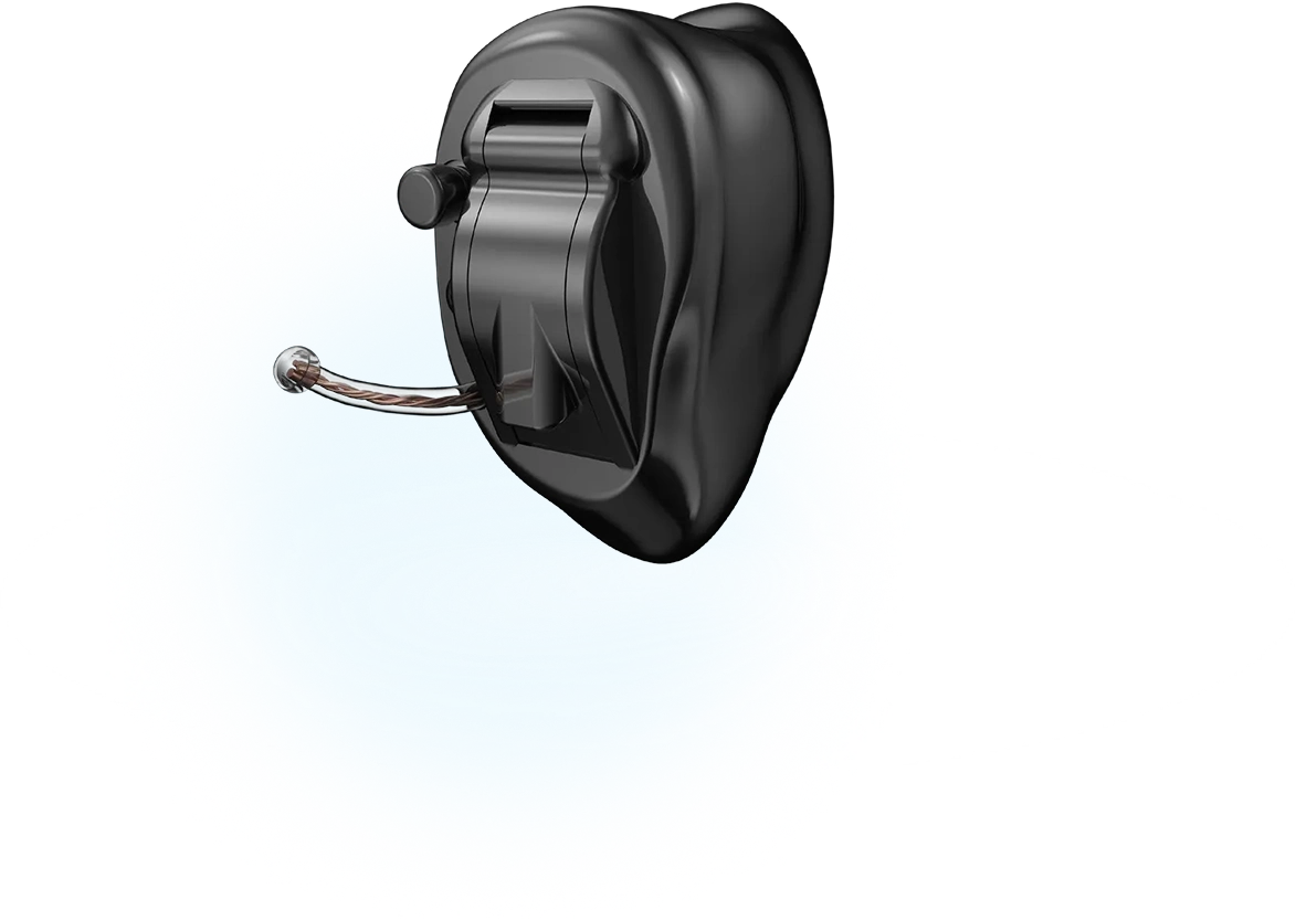 Invisible hearing aid with wireless connectivity on a blue gradient background.