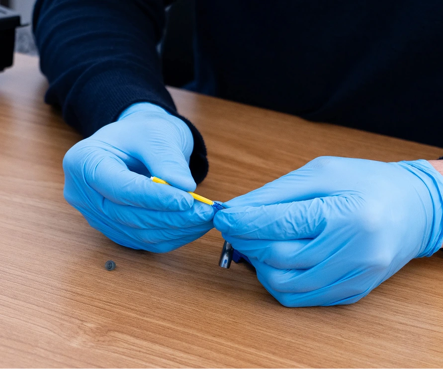 Person in blue gloves holding a small tool at a wooden table, demonstrating careful handling.