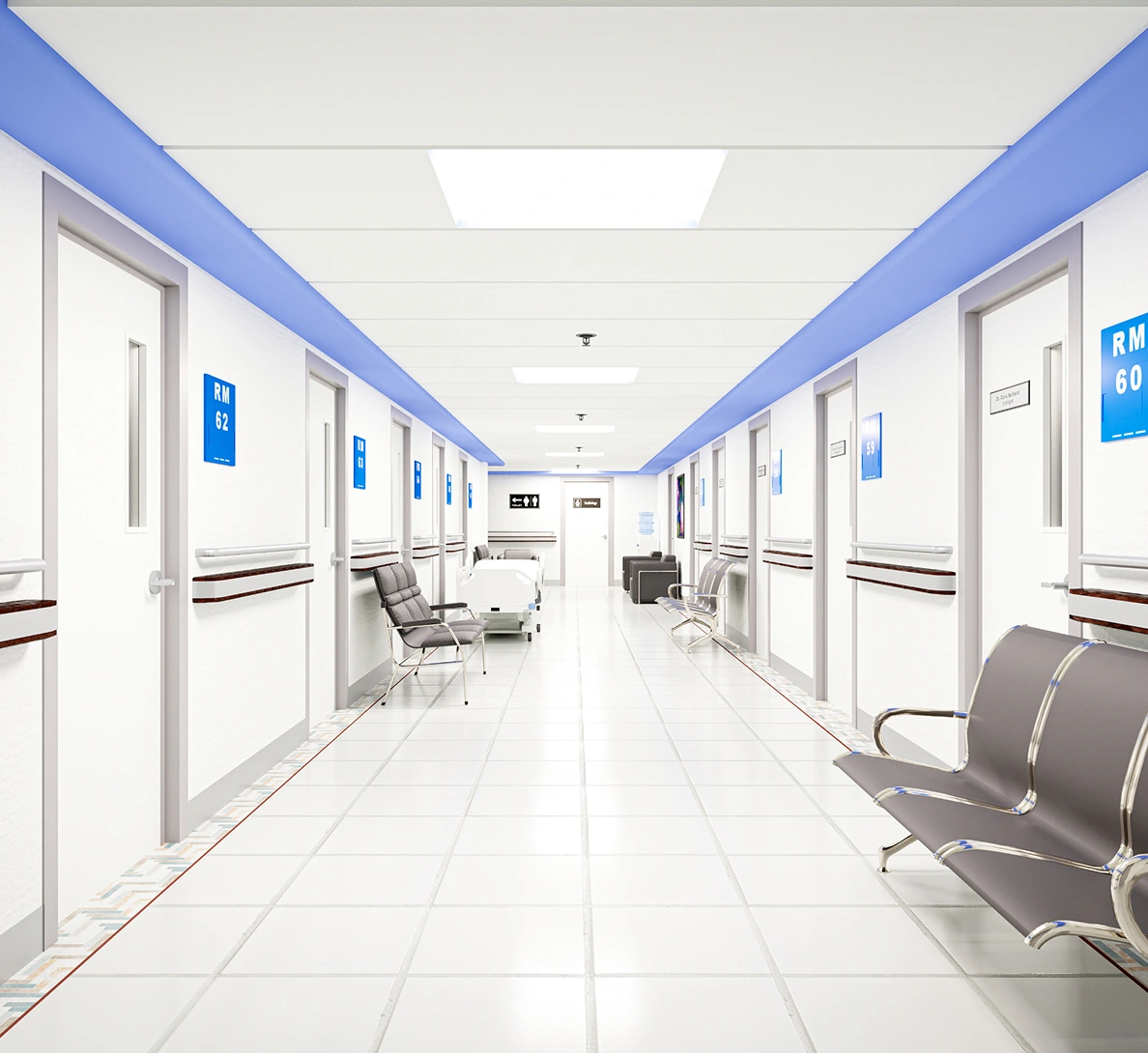 Modern hospital corridor with numbered doors, seating, and bright lighting for patient care.
