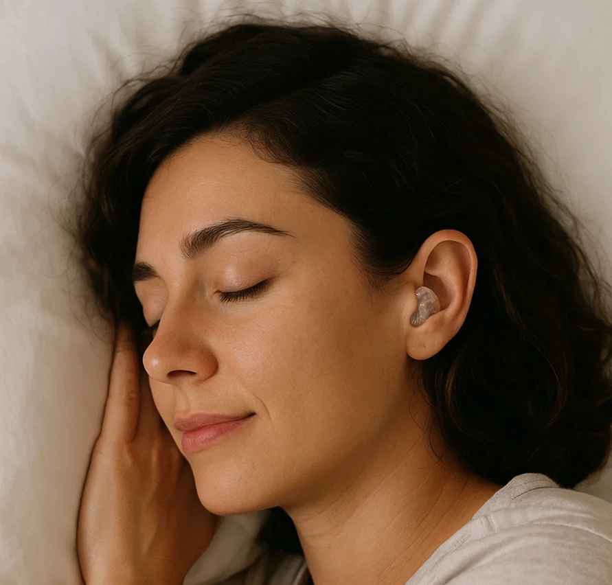 Woman sleeping peacefully with an earplug in bed, enhancing comfort and noise reduction.