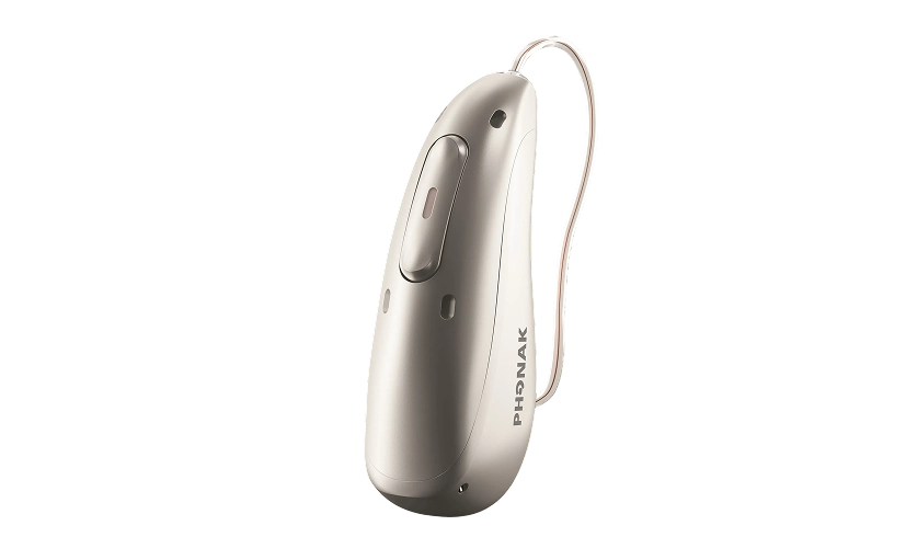 Modern hearing aid device with sleek design and advanced features, shown in silver with branding visible.