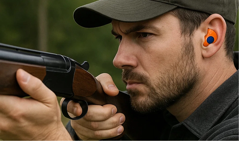 Man aiming rifle while wearing orange ear protection in an outdoor setting.