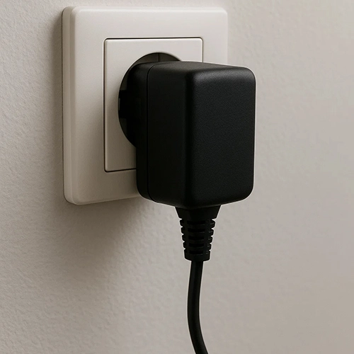 Black power adapter plugged into a wall socket on a light-colored background.