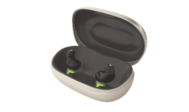 Wireless earbuds in an open charging case, black with green accents, on a transparent background.