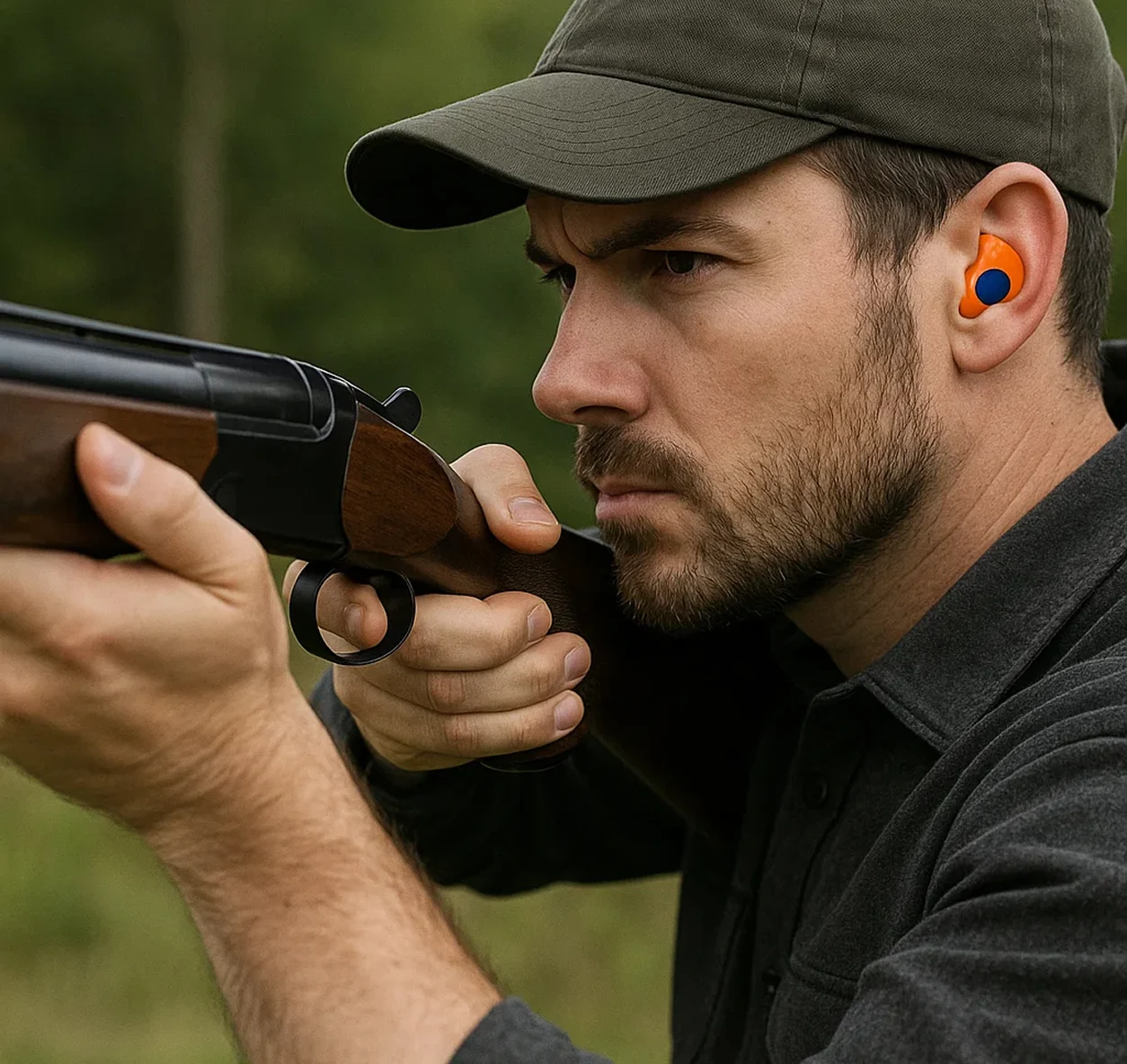 Man aiming a rifle outdoors with orange ear protection, wearing a cap and focusing intently.