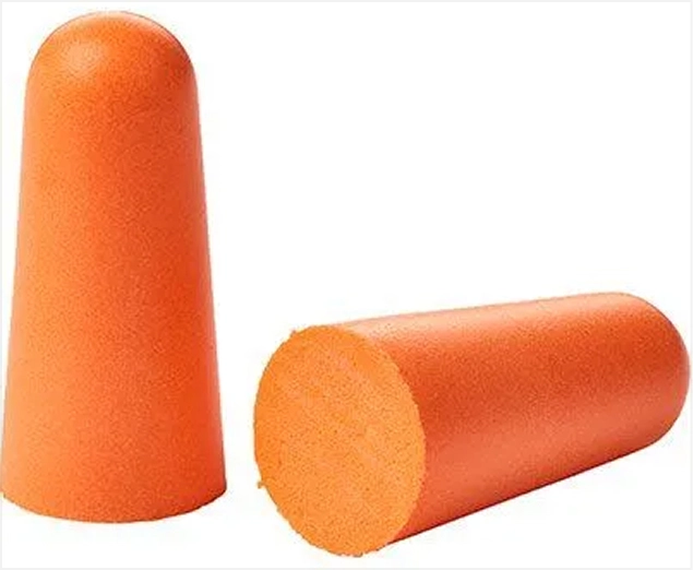 Orange foam earplugs for noise reduction and hearing protection, shown in a standing and horizontal position.