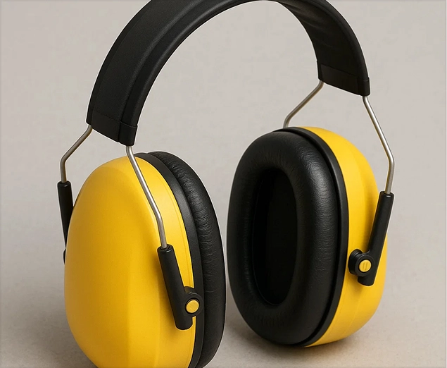 Yellow and black noise-canceling headphones on a neutral background. Ideal for protection and optimal sound isolation.