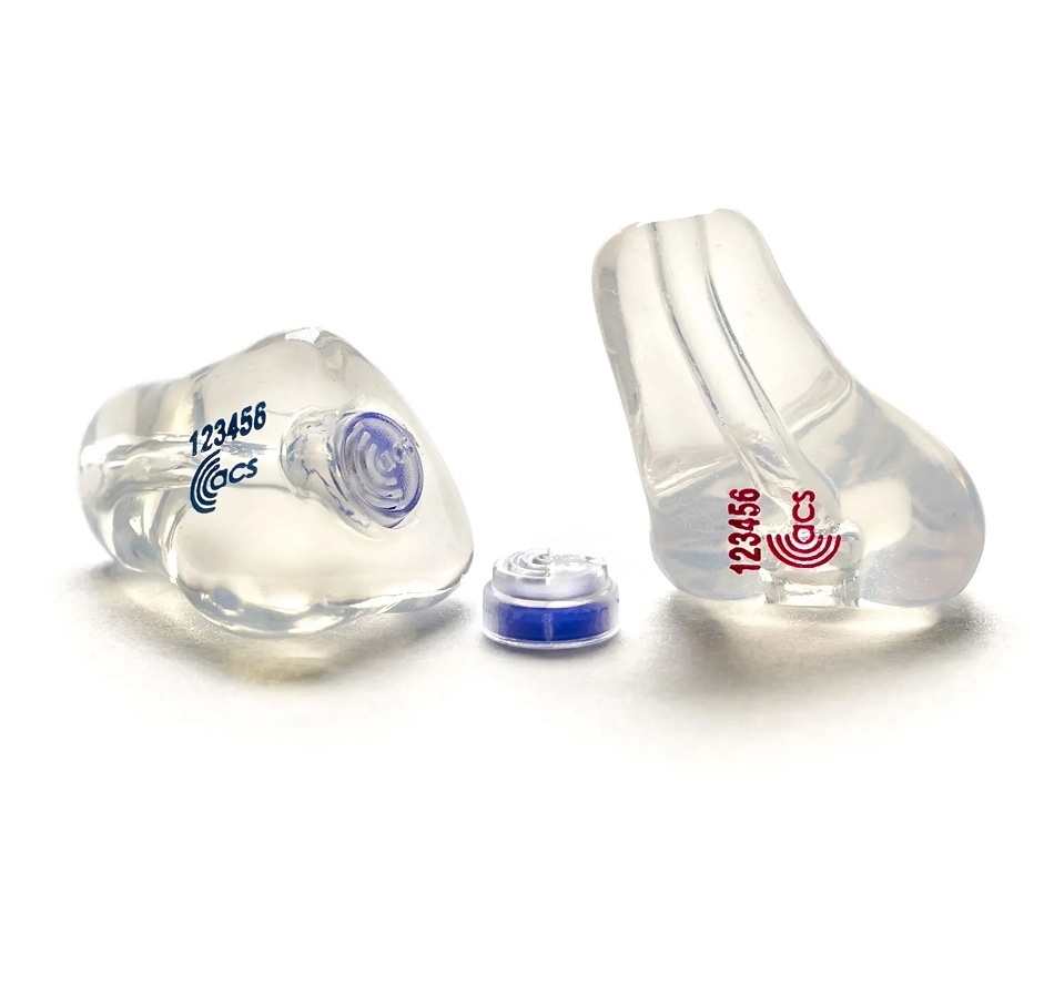 Custom molded clear earplugs with blue filters, designed for noise reduction and optimal comfort.