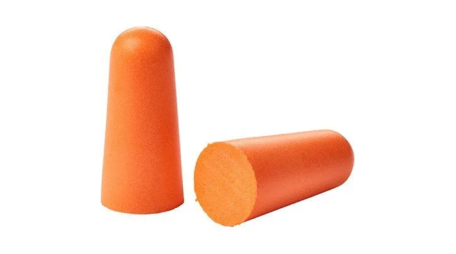 Orange foam earplugs on white background, one standing upright and the other laying on its side.
