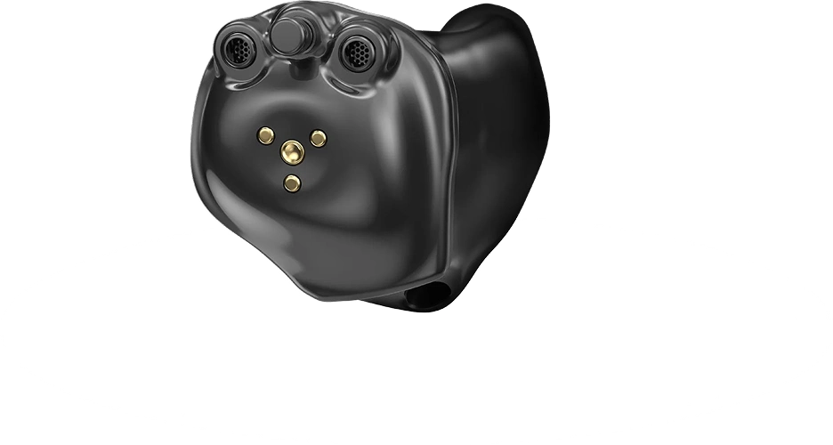 Compact black electronic device with round sensors on a white background.