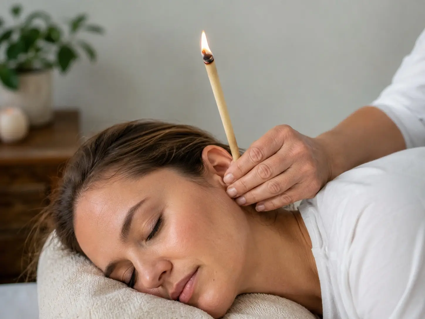 Person receiving an ear candling treatment.