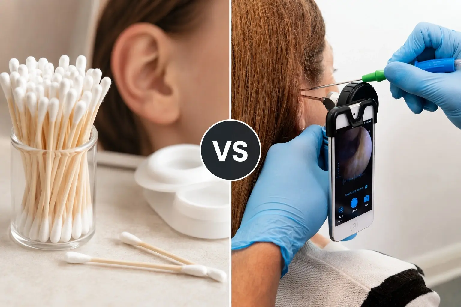 DIY cotton buds vs professional microsuction ear wax removal.