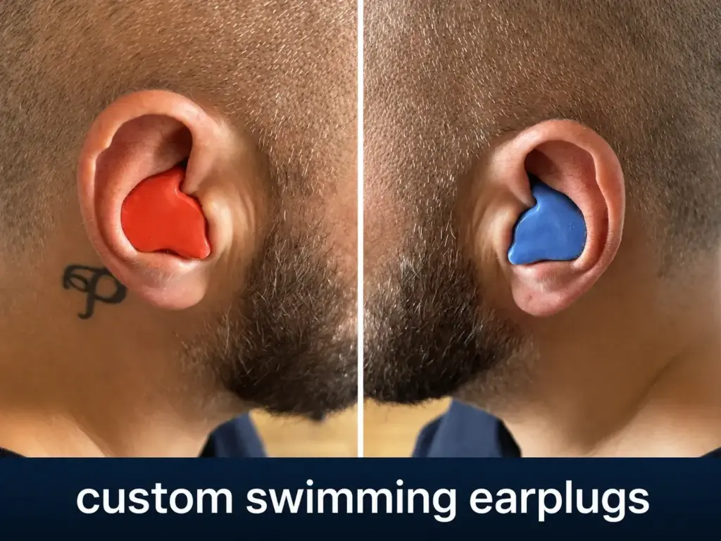 Close-up of ears fitted with orange and blue custom-molded swimming earplugs, captioned 'custom swimming earplugs.'