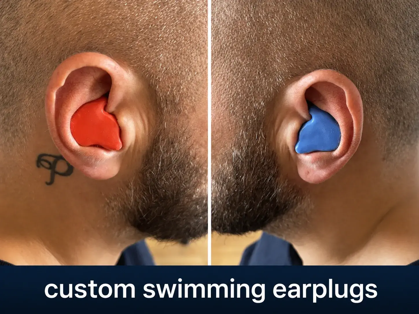Close-up of ears fitted with orange and blue custom-molded swimming earplugs, captioned 'custom swimming earplugs.'