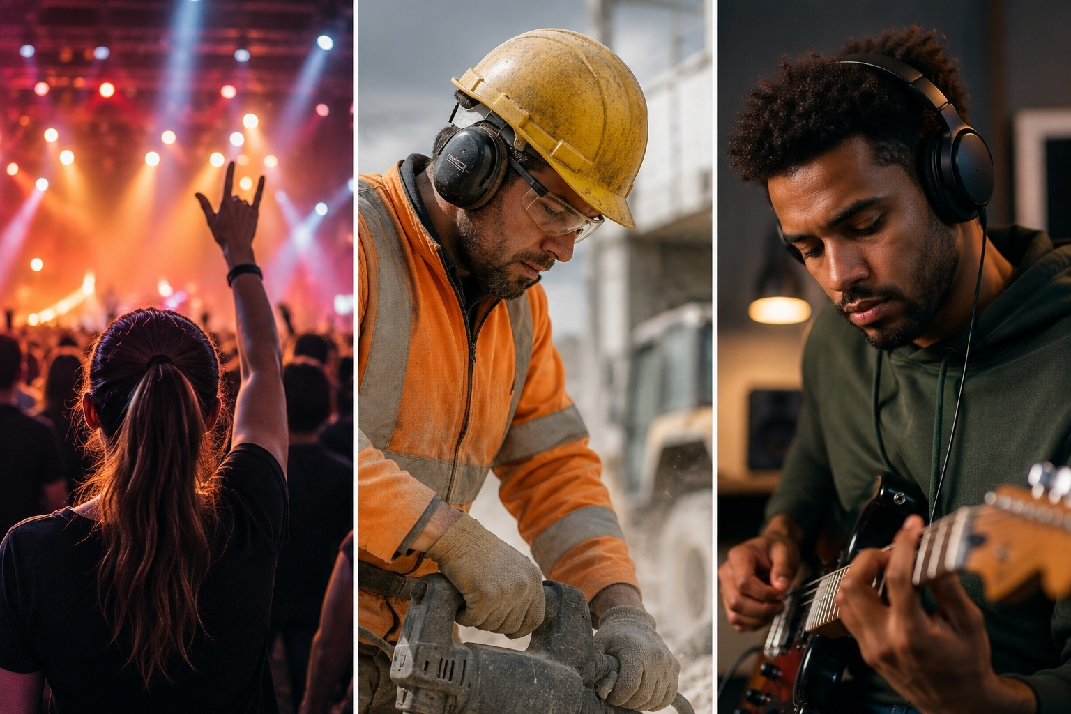 Hearing protection contexts: concert crowd, construction worker with ear defenders, and musician with headphones.