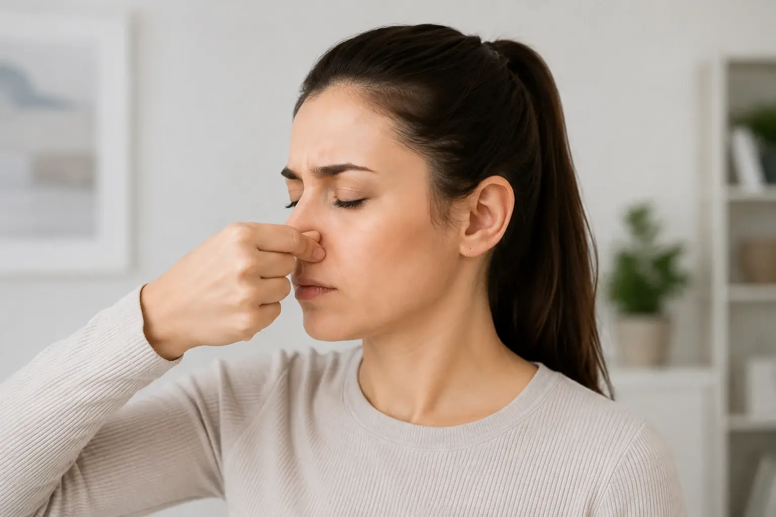 Woman experiencing ear pressure and popping sensation