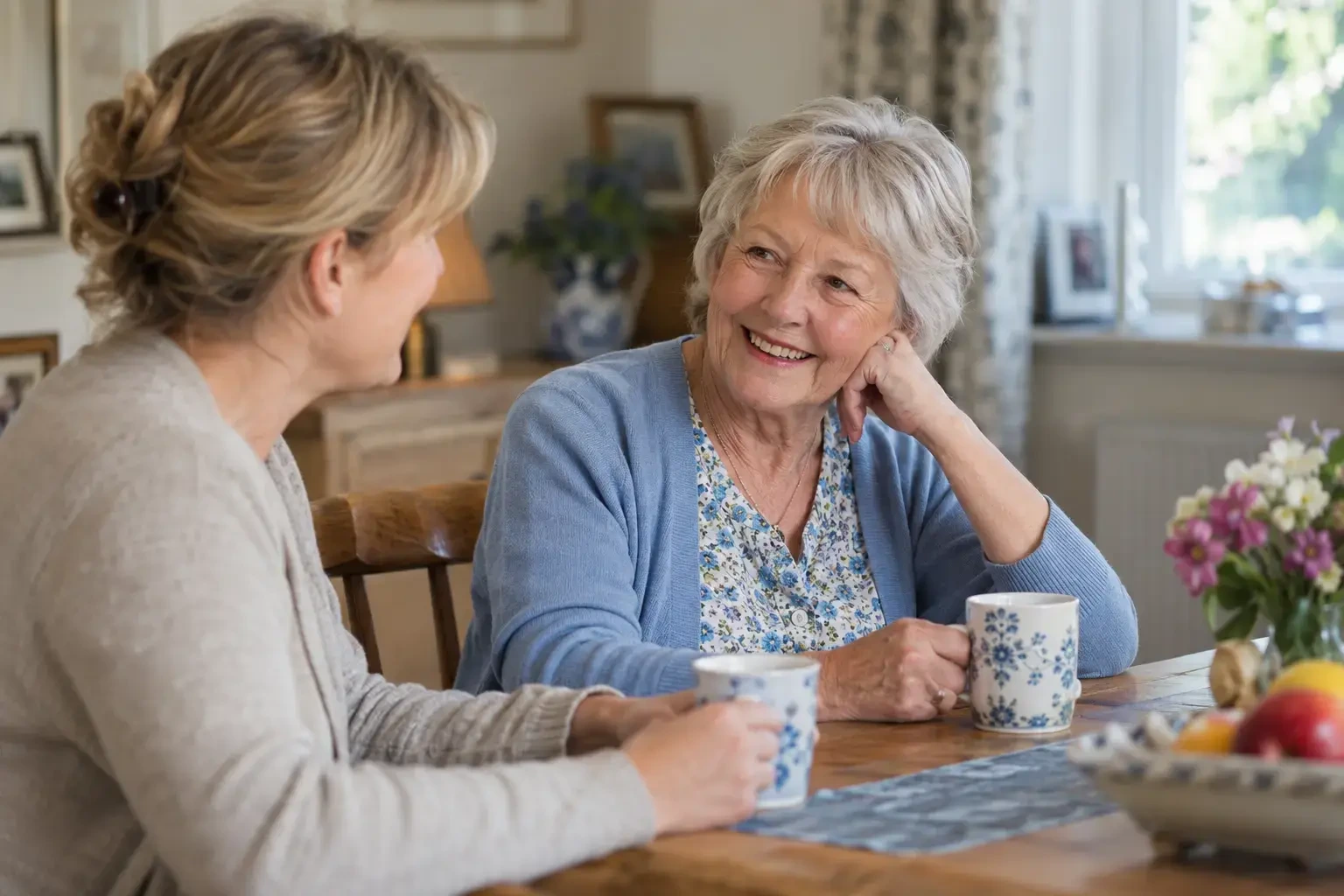 Two women having a friendly conversation over tea at home